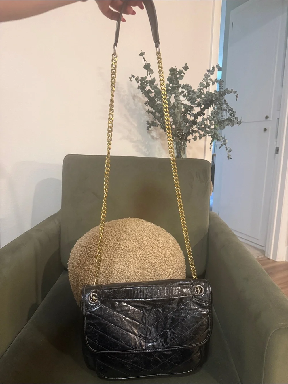YSL Black Leather Shoulder Bag with Gold Chain